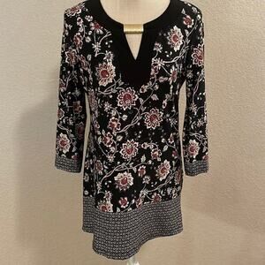 PerSeption Concept Black White Floral Tunic Blouse Mini Dress Brunch Church - S
